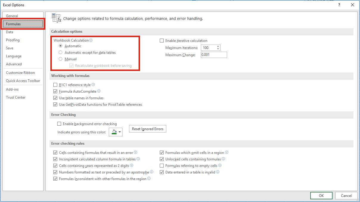 change excel worksheet to manual calculation